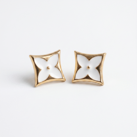 reworked white Louis Vuitton button earrings